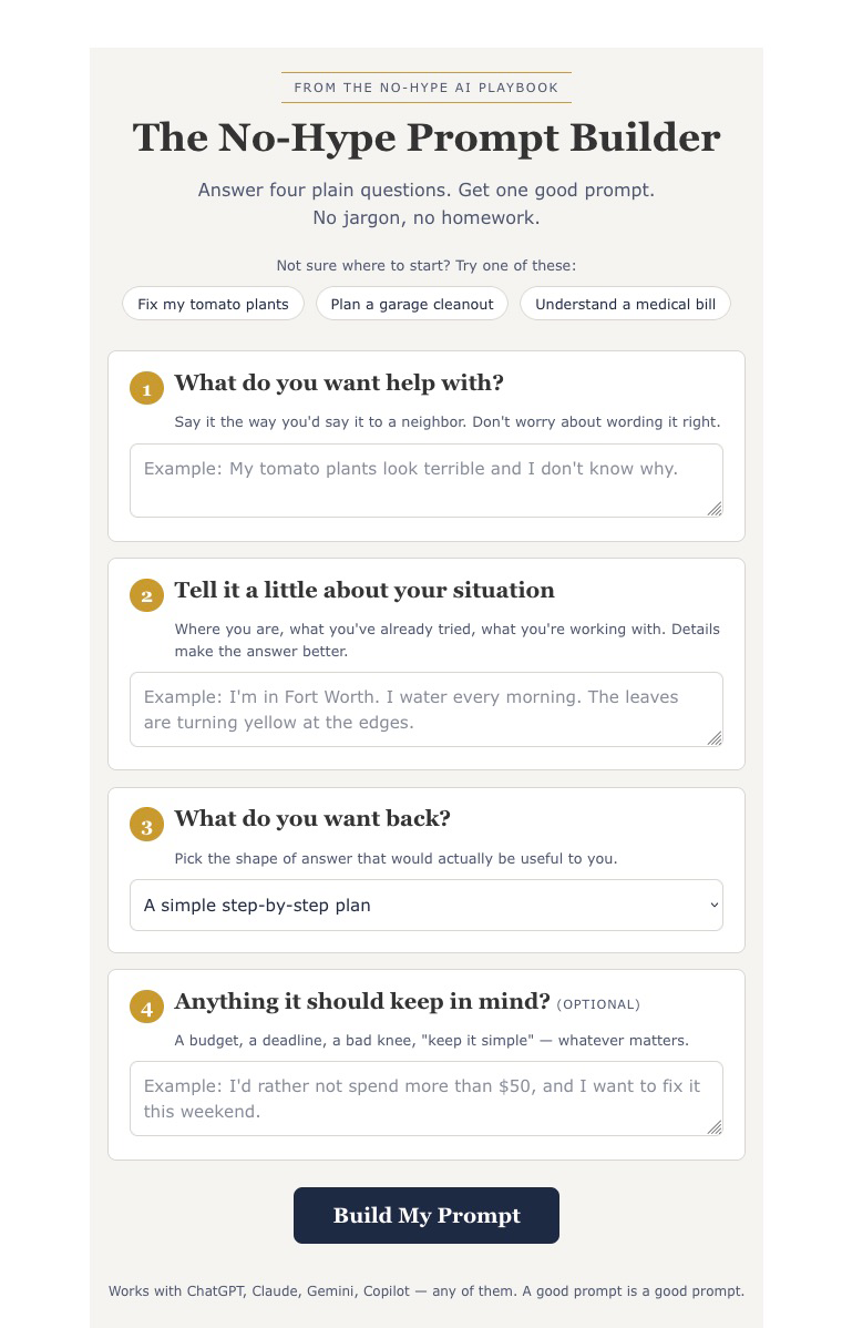 Example one-file prompt builder with four plain-English questions